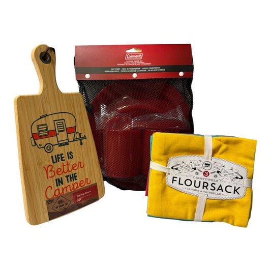 Camping Bundle – Bamboo Camper Cutting Board + 2‑Person Dining Set + Towels