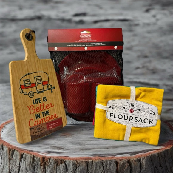 Camping Bundle – Bamboo Camper Cutting Board + 2‑Person Dining Set + Towels